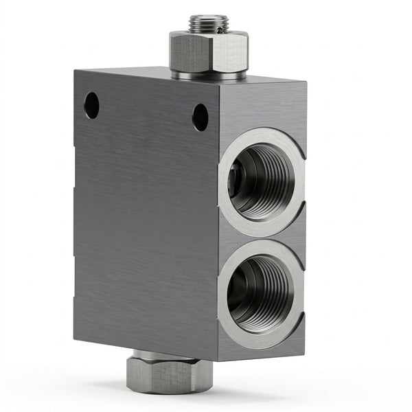 Line Mount Manifold Dual Cushion lock Counterbalance Cartridge Valve Assembly with anti-cavitation checks, SAE 10 Block, SUN